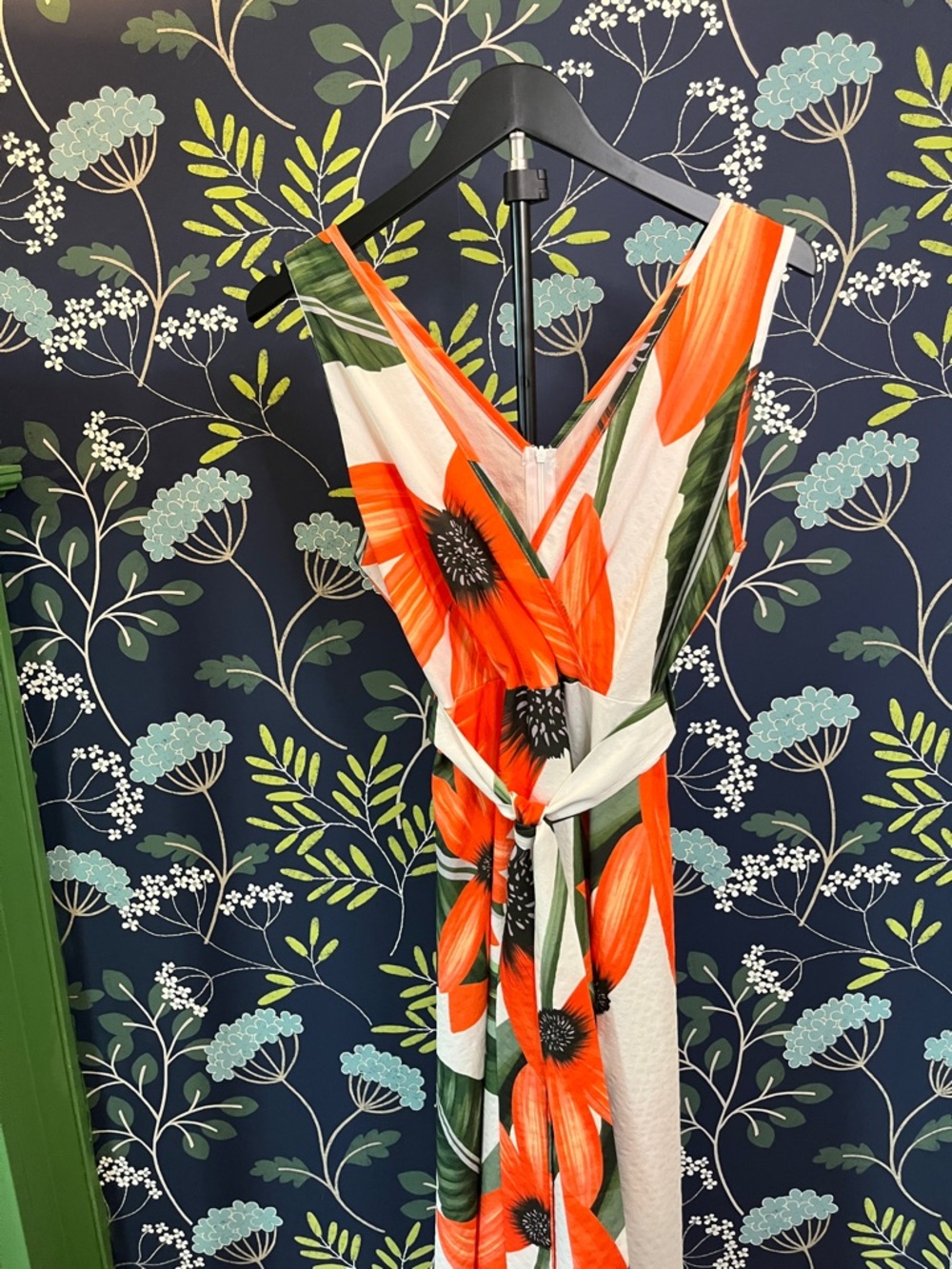 Floral Wrap Midi Dress Orange Green Tropical Print Sleeveless Tie Waist V Neck - Picture 6 of 7